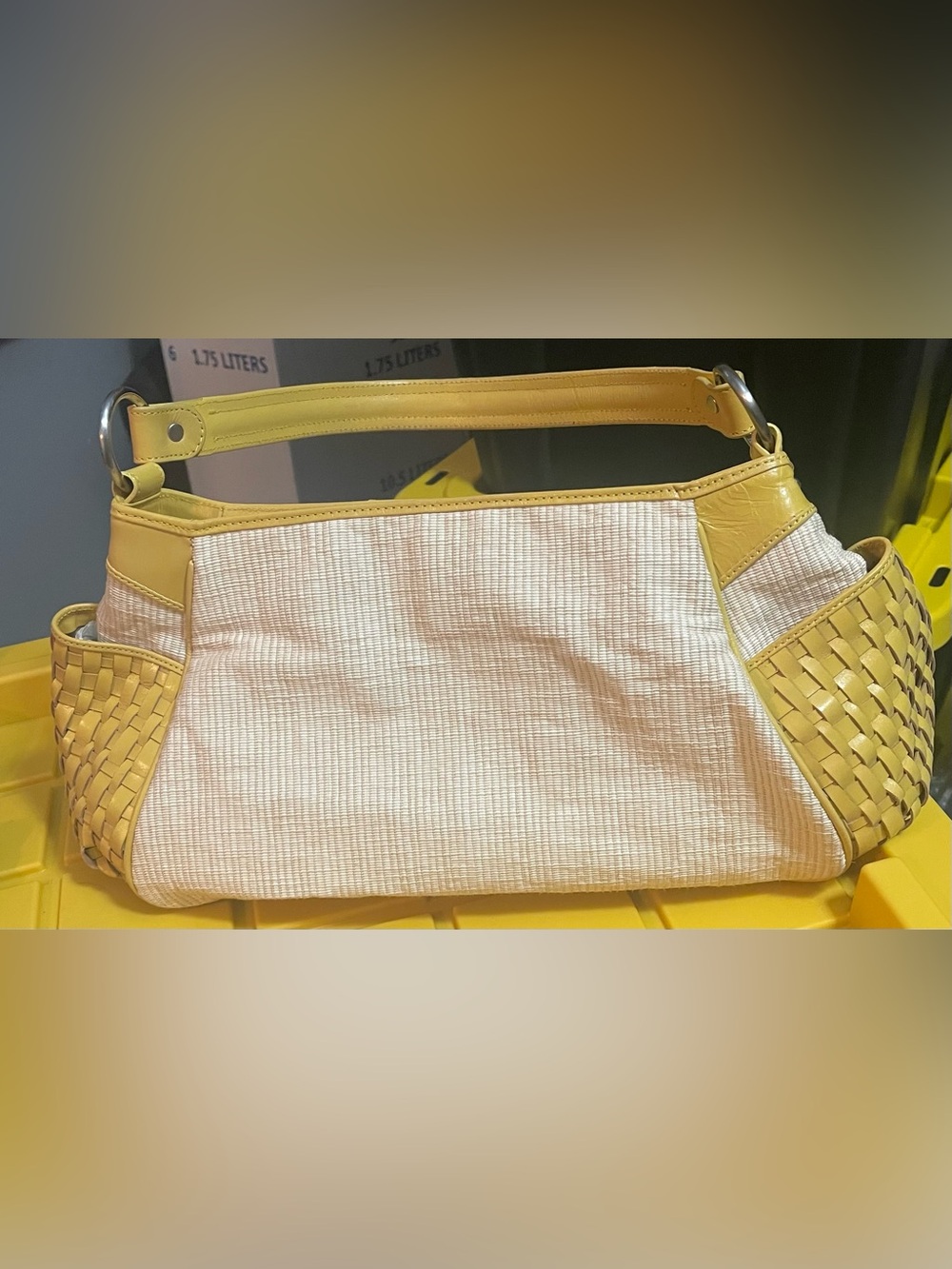 Kenneth Cole Yellow Trim Beige Woven Tote Bag
